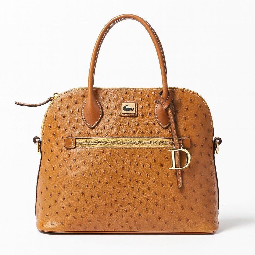 Dooney & Bourke Large Ostrich Embossed Leather Domed Satchel Bag Carmel $428
